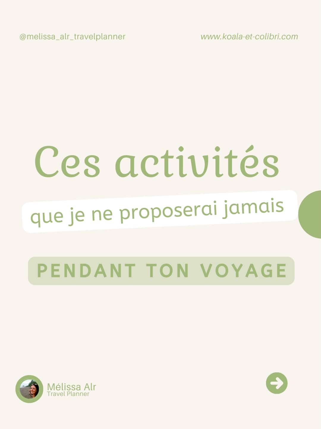 🌿 Voyager, ce n’est pas seulement cocher des cases ou prendre des photos “instagrammables”.
Certaines activités sont totalement incompatibles avec le respect des animaux et des communautés locales, et je ne les proposerai jamais pendant un voyage.

🐋 Whale watching non encadré
🦁 Animaux en captivité
👥 “Safaris humains” pour aller voir des communautés reculées

❌ Ce n’est pas du voyage responsable. Ce n’est pas ma vision du voyage.

✨ À la place, je privilégie :
✔ rencontres naturelles et consenties
✔ expériences locales respectueuses
✔ un tourisme plus lent et conscient

💬 Si toi aussi tu veux voyager en accord avec tes valeurs, écris-moi “VOYAGE” en DM et on construit ton aventure sur mesure 🤍