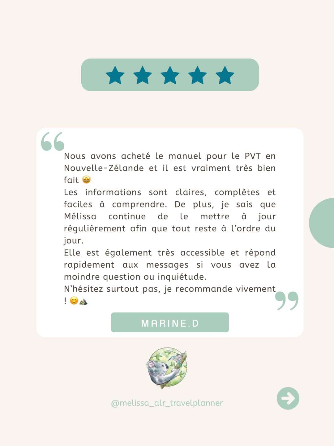 Quand un avis comme celui-ci arrive dans ma boîte mail, je me rappelle pourquoi je fais ce que je fais 🥹

Merci infiniment pour ces mots et pour la confiance que vous m’accordez. 
Savoir que le manuel du PVT vous accompagne vraiment dans votre préparation, c’est exactement ce que je voulais créer 🇳🇿✨

Le PVT, c’est une grande aventure et mon objectif, c’est que vous partiez avec toutes les clés en main, sans stress.

👇 Si toi aussi tu prépares ton PVT en Nouvelle-Zélande, commente “PVT NZ” et je t’envoie le Starter Pack PVT Nouvelle-Zélande un guide gratuit pour démarrer tes démarches !