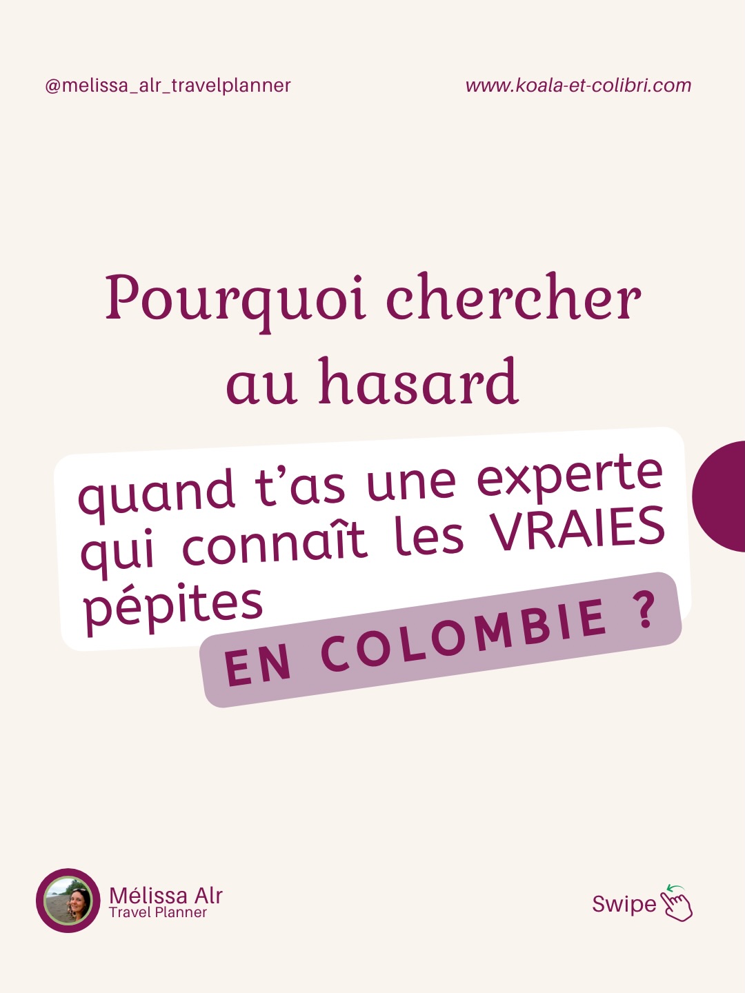 Pourquoi chercher au hasard quand t’as une experte qui connaît les vraies pépites en Colombie ? 🇨🇴

Préparer un voyage en Colombie, ça commence souvent pareil :

des heures sur Google, des vidéos TikTok à la chaîne, des avis qui se contredisent.

À la fin, on croit avoir “tout vu”… mais on hésite encore.

Parce que, ce qu’on trouve en ligne, ce sont surtout les endroits les plus connus, les plus photographiés, les plus fréquentés.

Et pas forcément ceux qui te feront dire :
“ok, là je vis vraiment la Colombie.”

Pour moi, une vraie pépite, ce n’est pas juste un beau spot. C’est un lieu où tu te sens bien, en sécurité, où l’expérience est authentique et adaptée à ta façon de voyager.

Ces endroits, je ne les ai pas trouvés au hasard.

Je les connais parce que j’ai voyagé longtemps en Colombie, échangé avec des locaux, testé, parfois éliminé et gardé uniquement ce qui vaut vraiment le coup.

Ce que ça change pour toi ?

- Moins de doutes.

- Moins de temps perdu.

- Plus de sérénité sur place.

- Et un voyage qui te ressemble vraiment.

💾 Enregistre ce post si tu veux découvrir la Colombie autrement que via les “top 10” classiques.

💬Et si tu veux, dis-moi en commentaire quelle région de Colombie te fait le plus rêver ✨