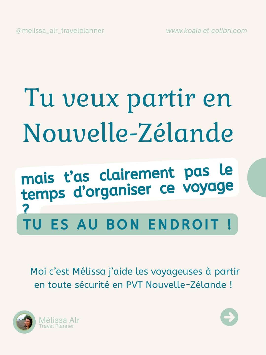 Tu veux partir en Nouvelle-Zélande mais tu n’as clairement pas le temps d’organiser ce voyage ?

Entre le PVT, le budget, l’itinéraire, les démarches,

les infos contradictoires et la peur de mal faire…
👉 beaucoup abandonnent avant même de partir.

Et pourtant, ce n’est pas l’envie qui manque.
C’est le temps, la méthode et les bonnes infos.

Moi, c’est Mélissa.
J’aide les voyageuses à préparer leur PVT Nouvelle-Zélande en toute sécurité, avec une organisation claire, fiable et réaliste.

Mon objectif :

✔️ te faire gagner du temps

✔️ t’éviter les erreurs qui coûtent cher

✔️ te permettre de partir sereine et confiante

👉 Commente “NZ” si tu veux que viennes te parler en DM pour discuter de ton projet en Nouvelle-Zélande.

📤 Partage ce post à ta pote qui rêve de la Nouvelle-Zélande mais n’a zéro temps pour organiser