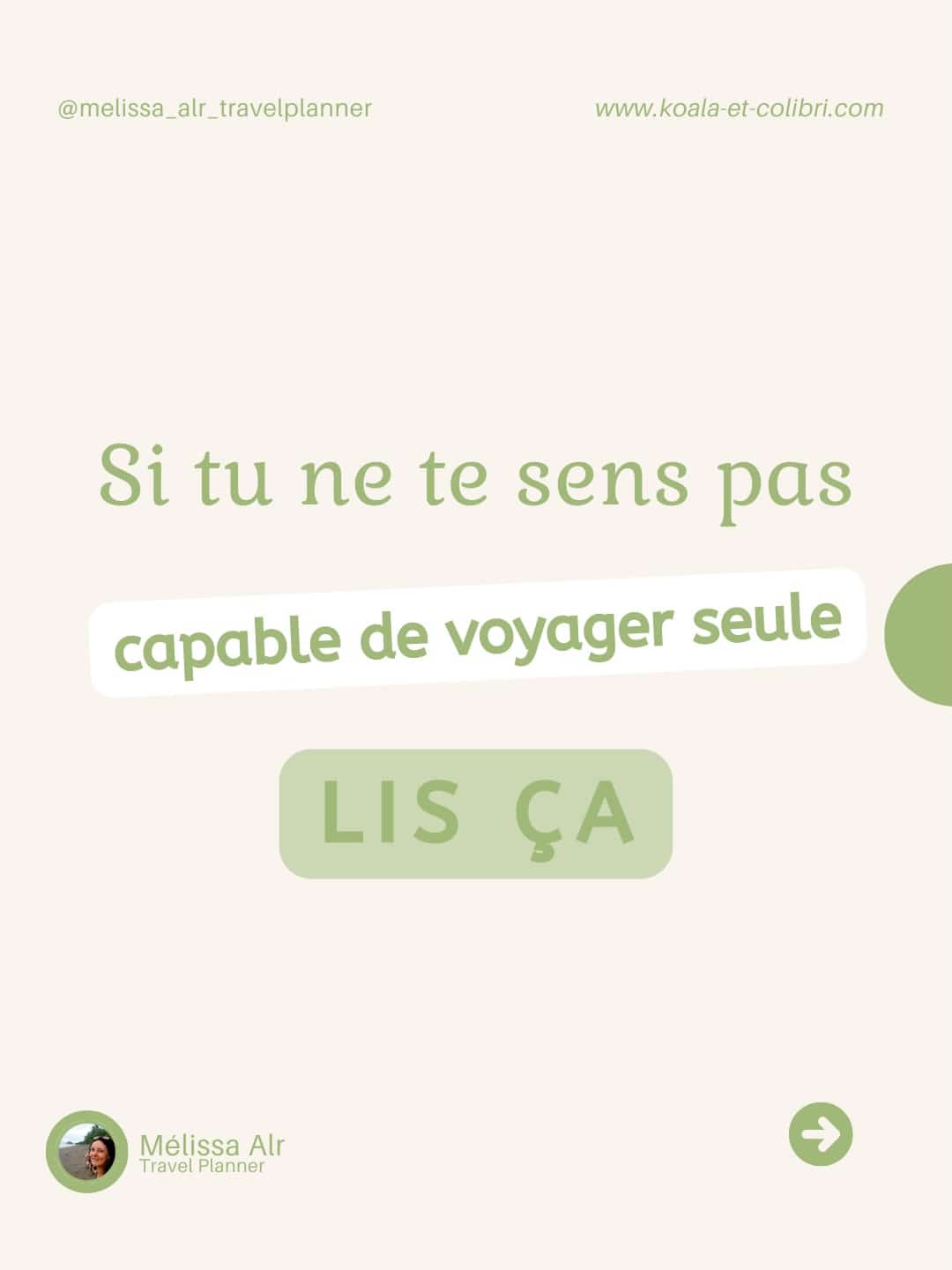 Peu de personnes se sentent vraiment capables de voyager seules…

Celles qui osent franchir le pas ne sont pas des aventurières sans peur.

La peur est naturelle, elle est là pour te protéger. ⚠️

Mais le problème, c’est quand elle te paralyse et t’empêche de réaliser tes rêves.

Dans 90 % des cas, cette peur est irrationnelle : juste une projection mentale qui nous bloque avant même d’avoir commencé. 🧠

💡 Le plus dur ? Le premier pas.

Une fois que tu l’as fait, tout devient plus simple. Chaque expérience te rend plus confiante, plus libre et plus vivante. ✨

Alors, prête à oser ce premier pas ?

📩 Partage à ta pote qui à trop peur de faire ce premier pas.